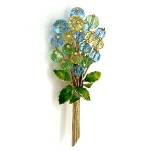 Vtg Crystal Floral Bouquet Brooch Blue/Gr Hydrangea Gold Tone Handpainted Leaves